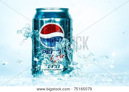 MOSCOW, RUSSIA-APRIL 4, 2014: Can of Pepsi cola Lignt in water.Pepsi is a carbonated soft drink that is produced and manufactured by PepsiCo. Created and developed in 1893.