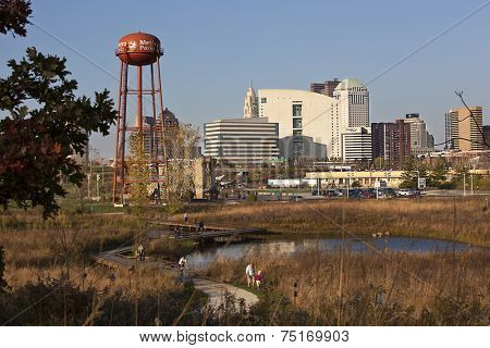 COLUMBUS, OHIO-OCTOBER 25, 2014:  The popular Scioto Audubon Park offers a unique view of the city of Columbus.