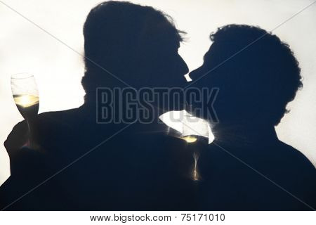 Silhouette of gay men kissing on their wedding day, holding champagne glasses behind an opaque screen.  