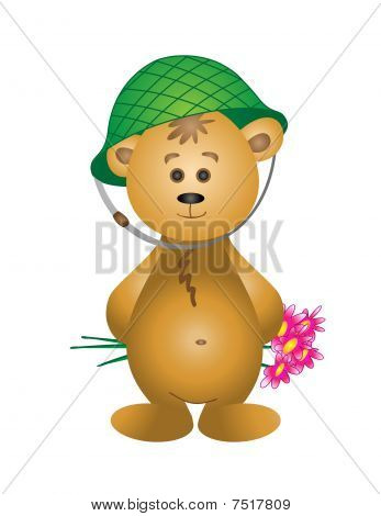 Osezno en un casco con un ramo de flores