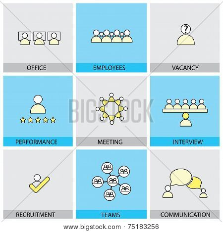 Office People Vector Line Flat Design Icons - Appraisal, Recruitment, Interviews