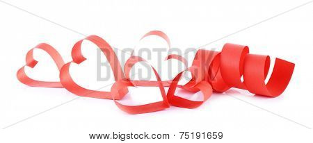 Heart shaped red paper ribbon isolated on white