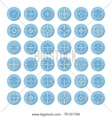 Set of different flat vector crosshair sign icons with long shadow. Line simple symbols. Target aim