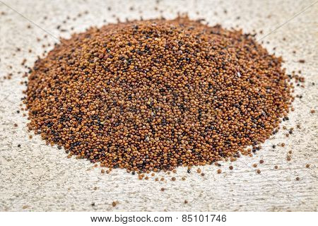 gluten free kaniwa grain (also known as baby quinoa) - a pile on rustic white wpainted wood
