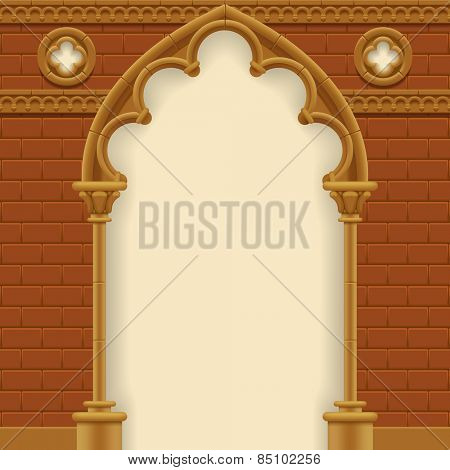 Stone gothic arch and wall. Antique architecture frame.  Vector Illustration