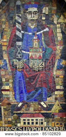 VIENNA, AUSTRIA - OCTOBER 11: Saint Leopold, mosaic on House facade in Vienna, Austria on October 11, 2014.