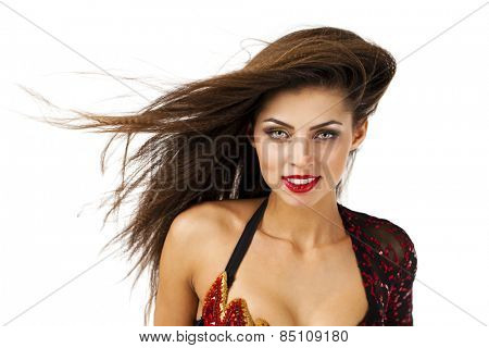 Sexy Woman traditional Spanish Flamenco dancer dancing in a red dress 