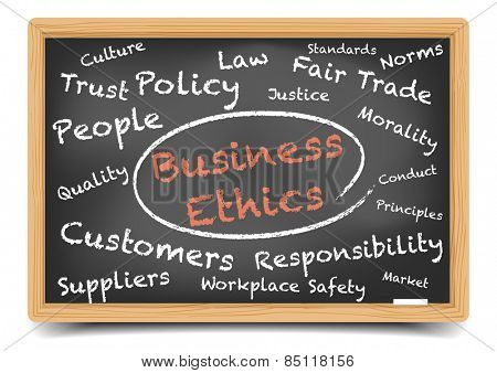 detailed illustration of a Business Ethics wordcloud on a blackboard, eps10 vector, gradient mesh included