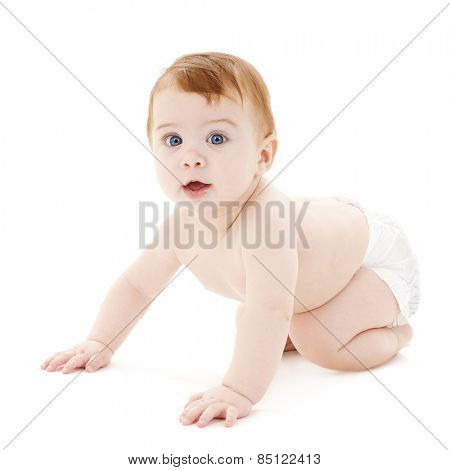 bright picture of crawling curious baby over white backgroubd