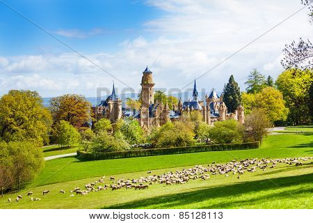 Lion castle Lowenburg in Germany and herd of sheep
