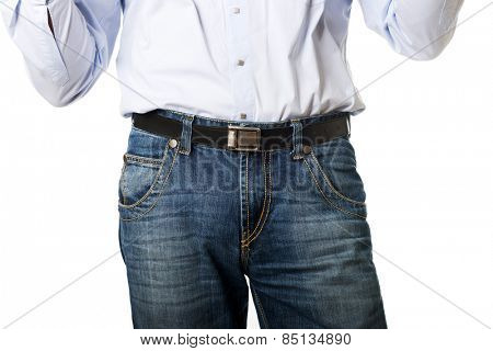 Close up on men in jeans trousers. 