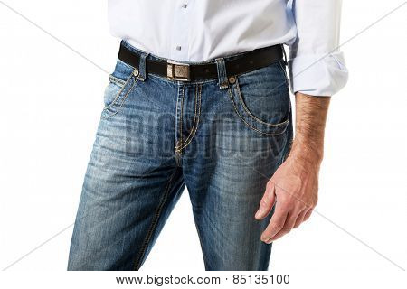 Fashionable mature men in jeans trousers. 