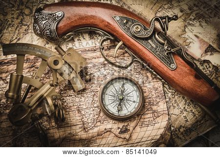 vintage  still life with compass,sextant and spyglass 
