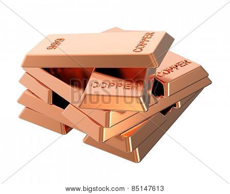 Copper ingots isolated on white. Computer generated 3D photo rendering.