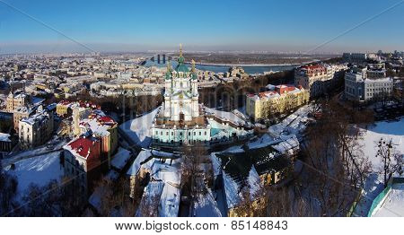 aerial view of Podol and St. Andrew's church in Kiev, Ukraine