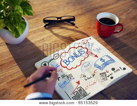 Working Notepad Bonus Salary Growth Success Promotion Concept