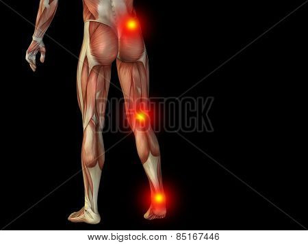 Conceptual 3D human man anatomy or health design, joint or articular pain, ache or injury isolated on black background, for medical, fitness, medicine, bone, care, hurt, osteoporosis arthritis or body