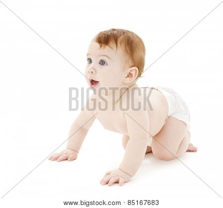 bright picture of crawling curious baby over white backgroubd