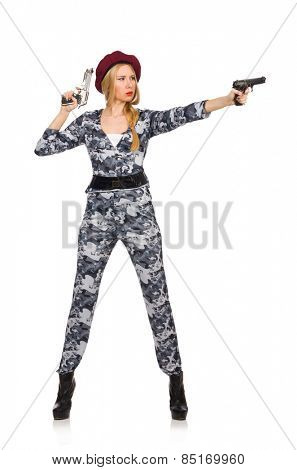 Woman soldier isolated on white