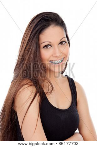 Smiling cool girl with brackets isolated on a white background