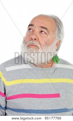 Senior man with white beard lookin up isolated on background