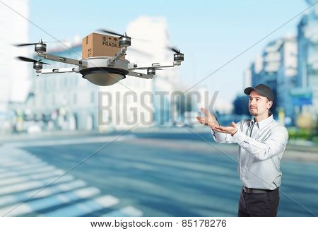 delivery man and 3d drone