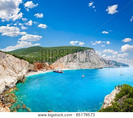 Beautiful panoramic view on  turquoise Katsiki beach, Lefkada, Greece.