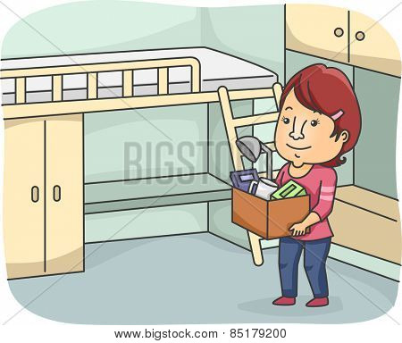 Illustration of a Woman Moving in to Her New Dorm Room