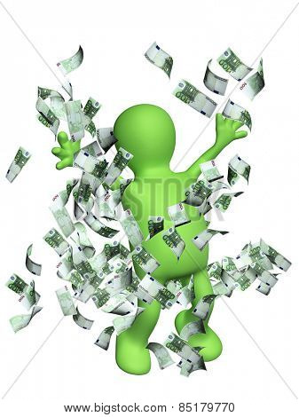 Happy puppet with money. Isolated on white background