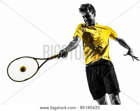 one man tennis player portrait in silhouette on white background