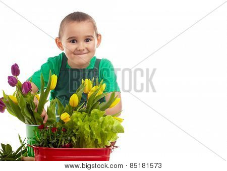Little gardener boy, isolated on white