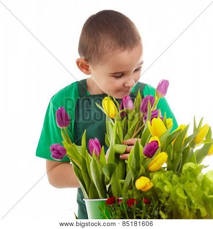 Little gardener boy, isolated on white