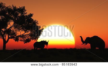3D render of a rhino and elephant in an African landscape