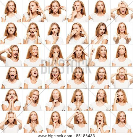Hamming woman. Female different emotions. collage