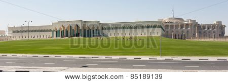 The Emiri Diwan  palace at the centre of Doha, Qatar, seen from the Souq Waqif side, March 2015. The Diwan is the administrative centre of government and includes the ruler's administrative offices.