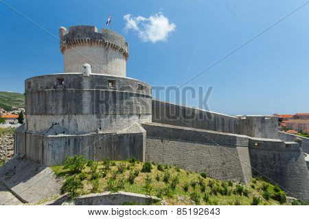 Minceta tower on old walls of Dubrovnik, Croatia. Tower is highest point of the wall and a symbol of unconquerable city of Dubrovnik