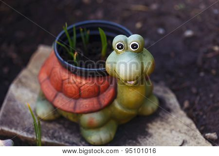 Funny Smiling Ceramic Turtle In The Garden