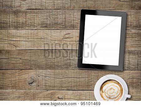 Tablet White Screen Display And Coffee On Old Wood Background