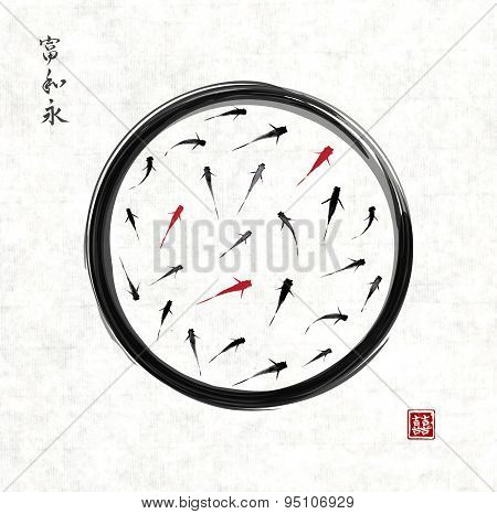 Black enso zen circle with red and black fishes