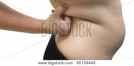 Woman Squeeze Belly Fat Wearing Black Underwear Bra And Pant On White Isolated