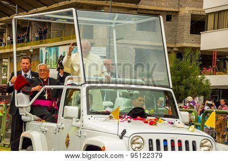 Front side angle Pope Francis motorcade driving through city crowds of people cheering to start off