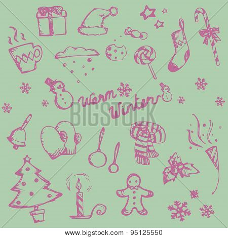 Winter Holiday Doodle Ornament Icon And Leisure Fashion Item And Food Candy Collection Set, Create B