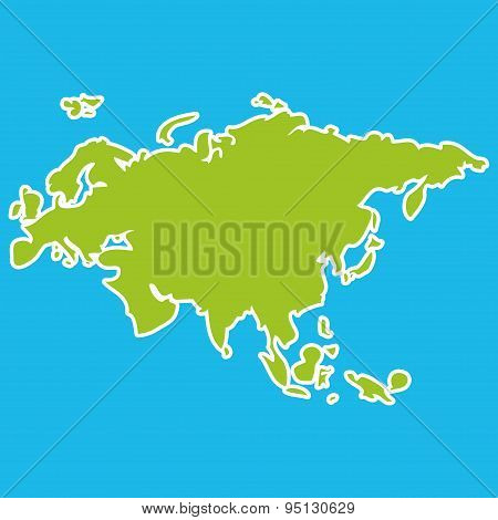 Eurasia Map Green Continent  On Blue Background. Vector