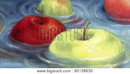 Red and green apples floating on the water surface.