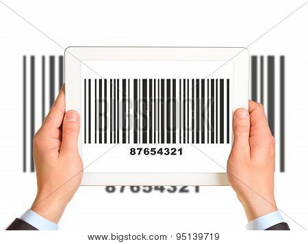Businessmans hands holding UPC code