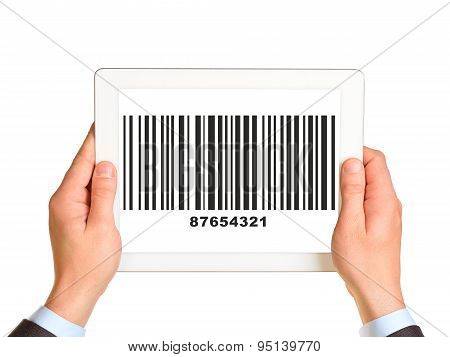 Businessmans hands holding UPC code