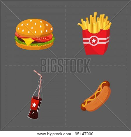 Colorful Fast Food Icon Set On Grey Background