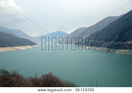 Zhinvali reservoir on Aragvi river. Georgia