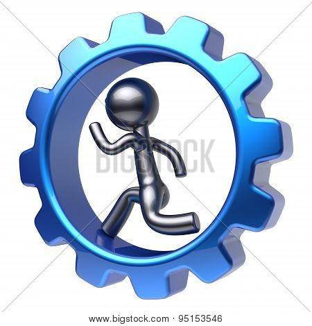 Man character running inside gearwheel businessman run