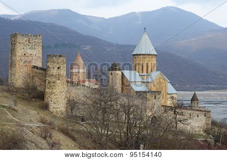 Georgia, Zhinvali-March,1 2015:Ananuri Castle on the shore of Zhinvali reservoir. Georgia